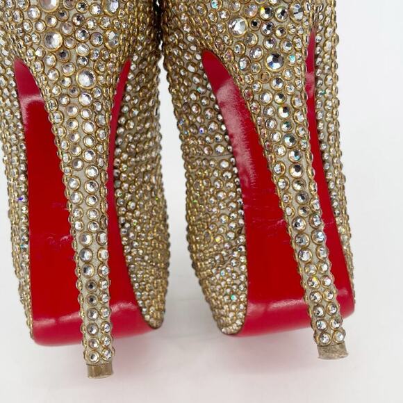 Christian Louboutin Gold Lady Peep 150 Ring Strass Platform Peep Toe Pump EU 37 - Picture 11 of 14